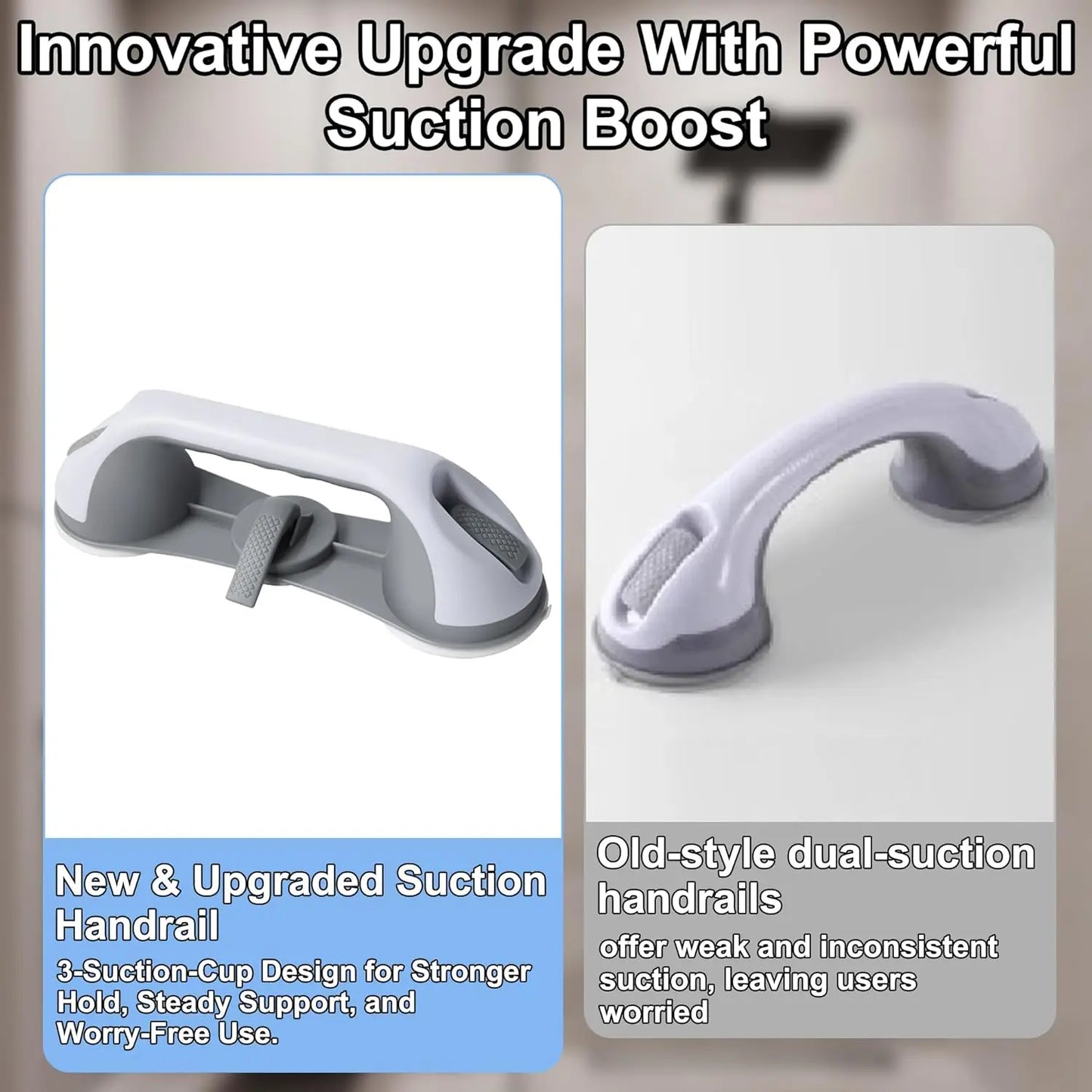 No-Drill Bathroom Grab Bar with 3 Suction Cups, Ergonomic Non-Slip Bathroom Grab Bar, Heavy-Duty and Detachable, Suitable for Elderly Support, Easy to Install, Bathroom Accessories