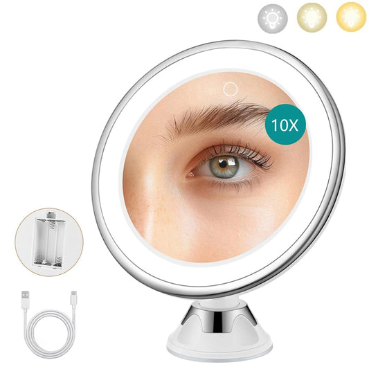 Portable 10X Magnifying Makeup Mirror with 3 Colors Lights Cosmetic Mirror with Suction Cup Brightness Dimmable 360° Rotation