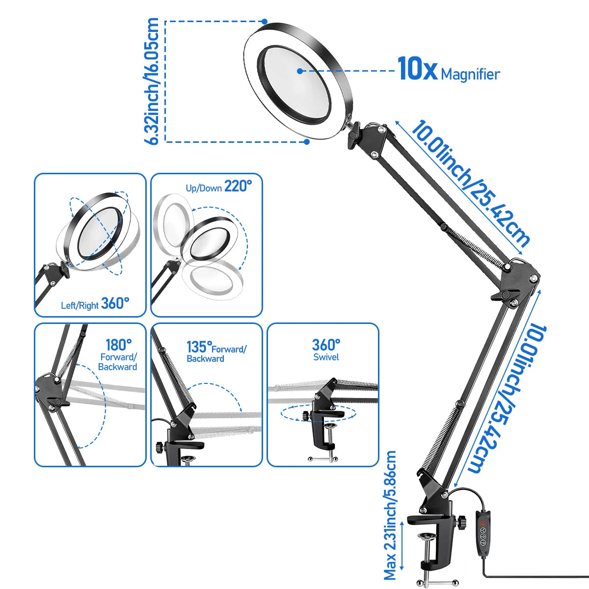 10X Magnifying Glass with Light and Stand, with 72 LED Light and 3 Color Modes Lamp Illuminated Magnifying, for Close Work