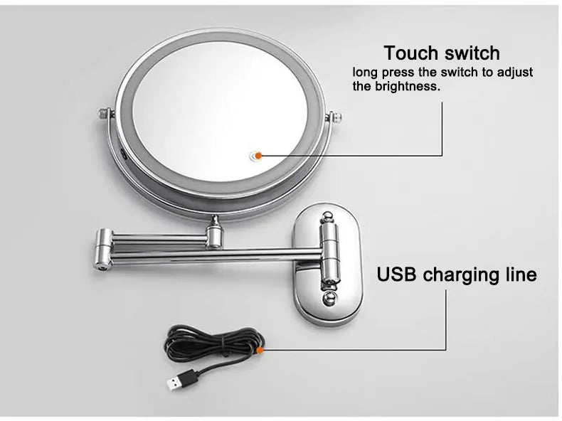 Golden Wall Folding Makeup Mirror Double Side Fill Light Magnifying USB Charging Led Tricolor Dimming Bathroom Cosmetic Mirrors