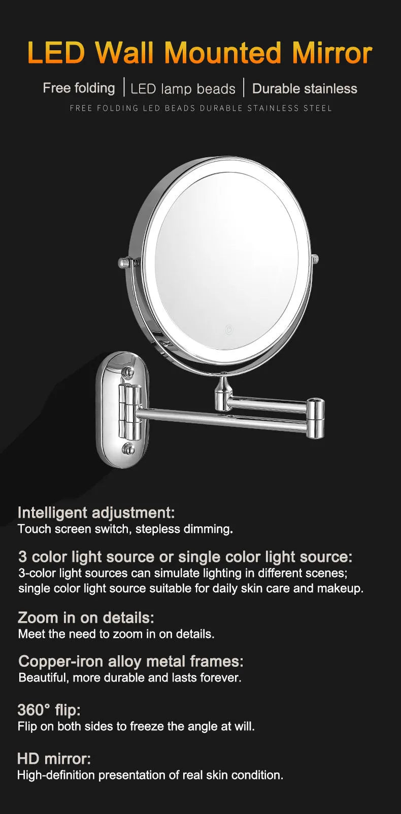 Golden Wall Folding Makeup Mirror Double Side Fill Light Magnifying USB Charging Led Tricolor Dimming Bathroom Cosmetic Mirrors