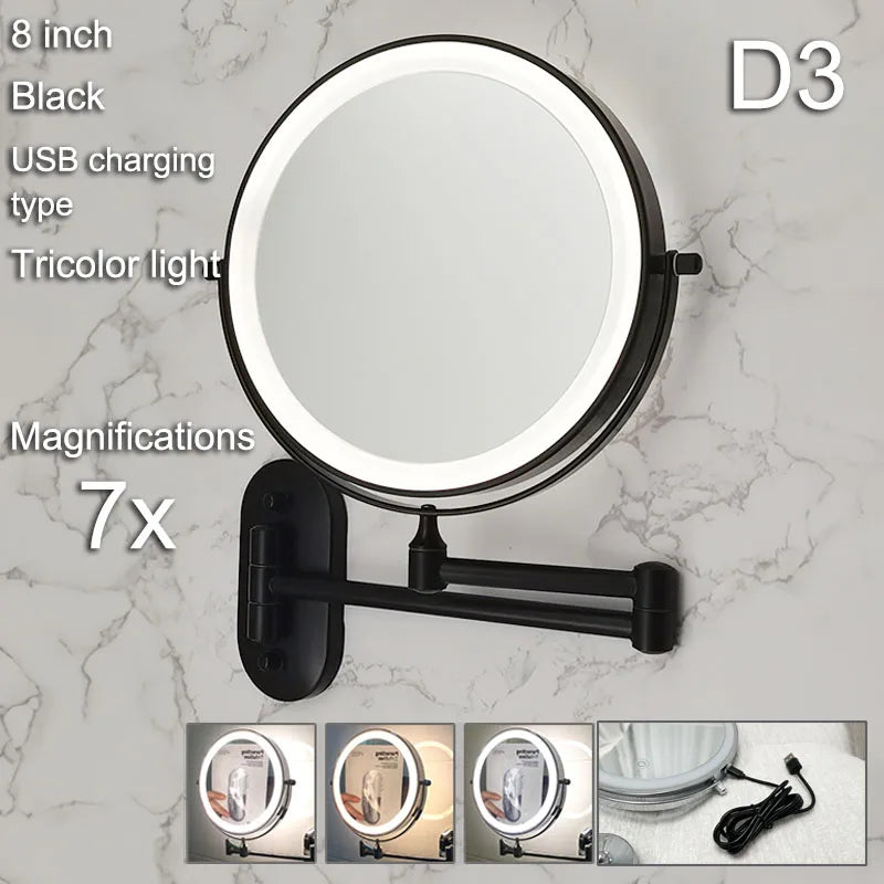 Golden Wall Folding Makeup Mirror Double Side Fill Light Magnifying USB Charging Led Tricolor Dimming Bathroom Cosmetic Mirrors
