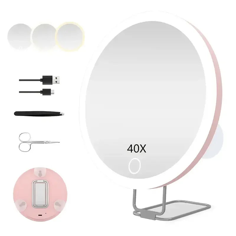 1x 40X Magnifying Mirror with Light, Adjustable Color Lighting, Includes 3 Suction Cups, Stand & Clips, Perfect for Makeup Vanit