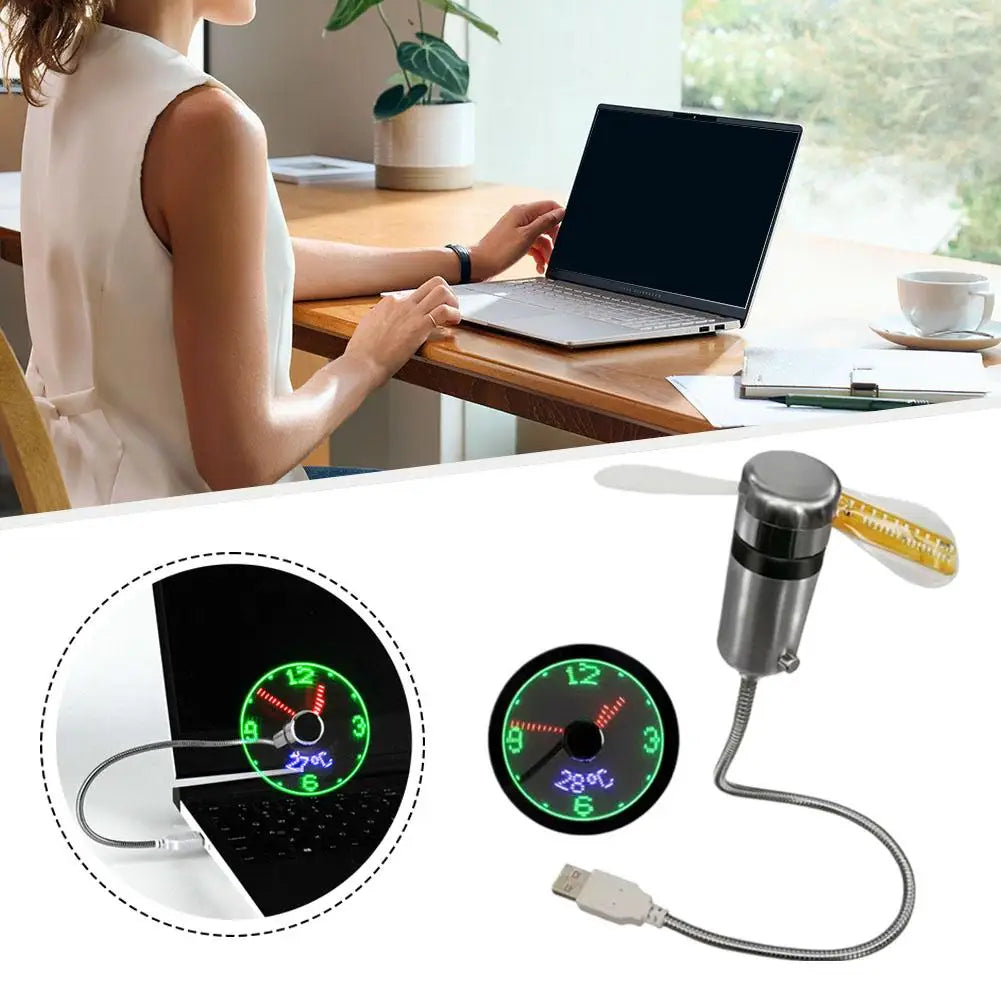 Ventilador USB con Reloj LED y Display de Temperatura - Para Auto y Trabajo
