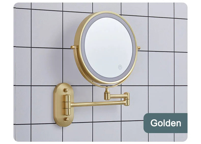 Golden Wall Folding Makeup Mirror Double Side Fill Light Magnifying USB Charging Led Tricolor Dimming Bathroom Cosmetic Mirrors
