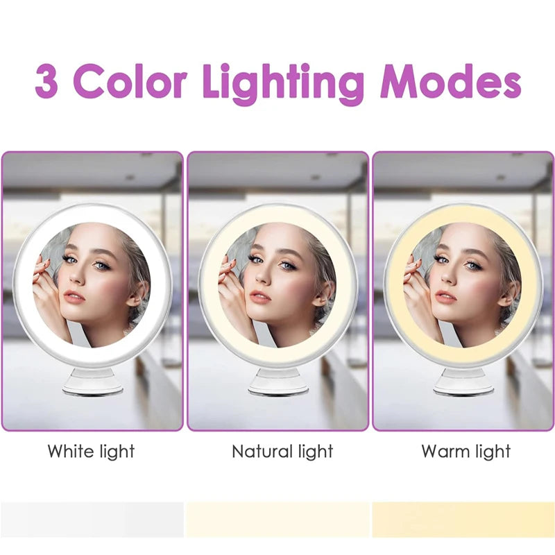 Portable 10X Magnifying Makeup Mirror with 3 Colors Lights Cosmetic Mirror with Suction Cup Brightness Dimmable 360° Rotation