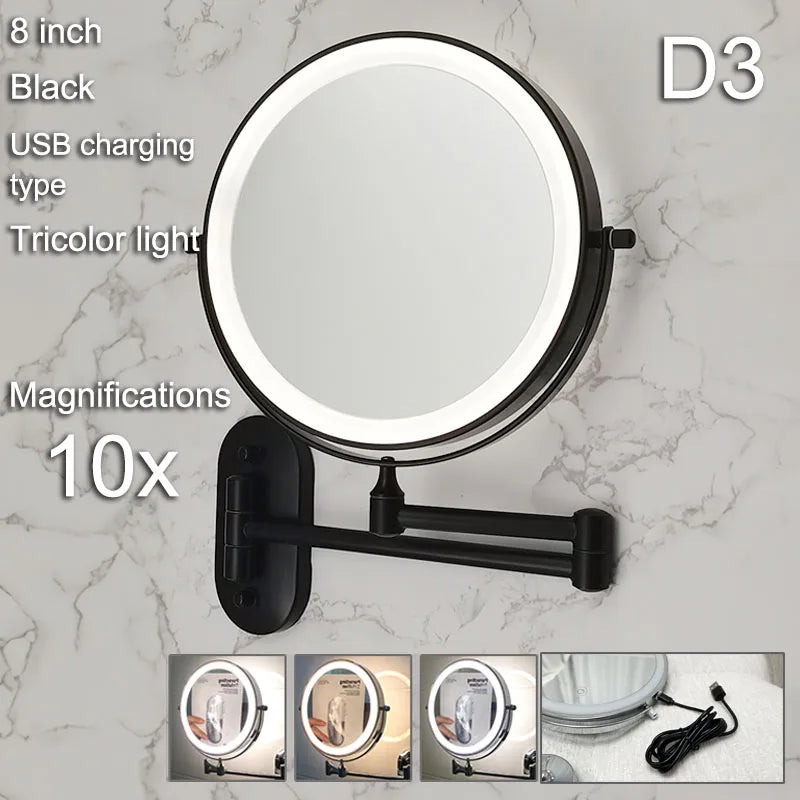 Golden Wall Folding Makeup Mirror Double Side Fill Light Magnifying USB Charging Led Tricolor Dimming Bathroom Cosmetic Mirrors