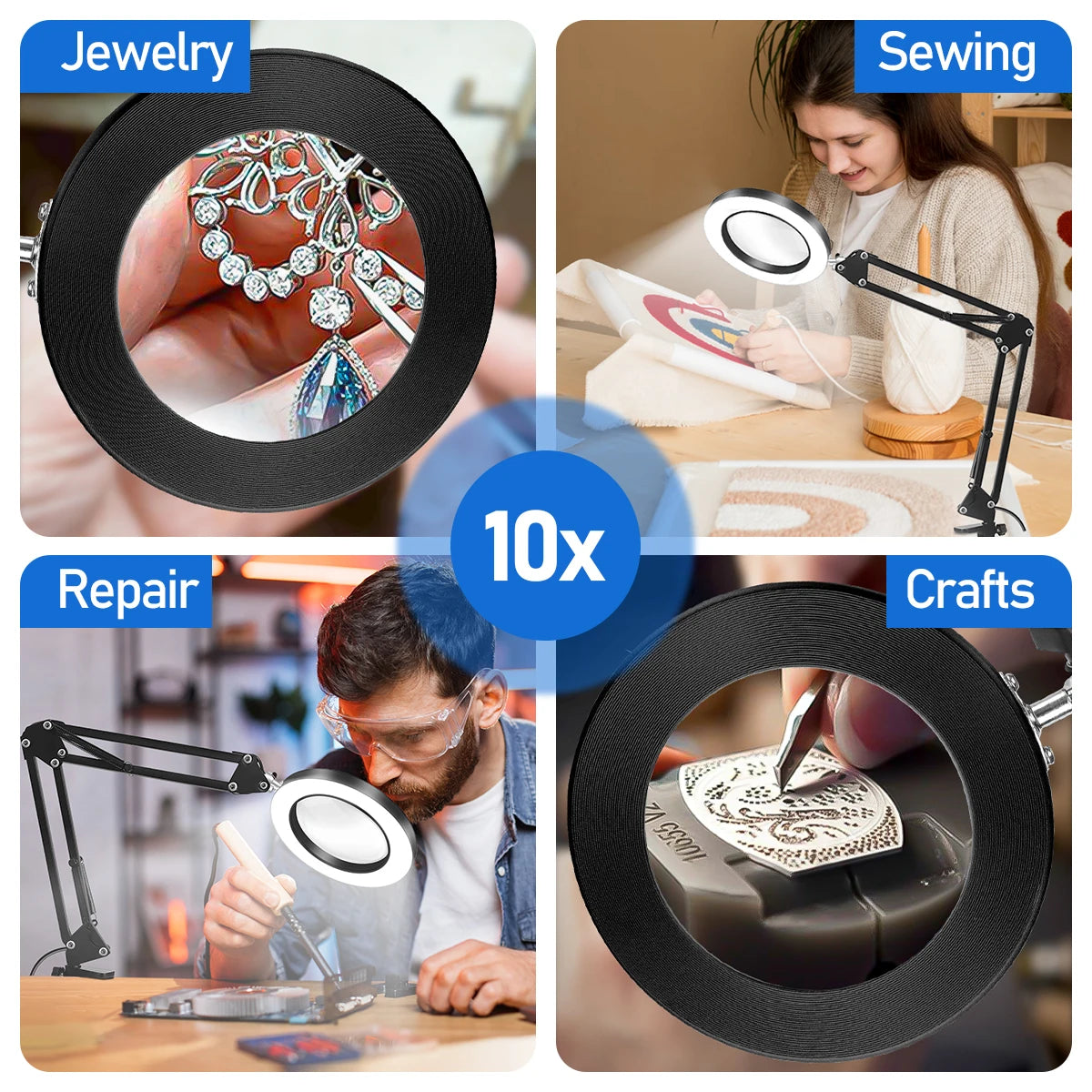 10X Magnifying Glass with Light and Stand, with 72 LED Light and 3 Color Modes Lamp Illuminated Magnifying, for Close Work