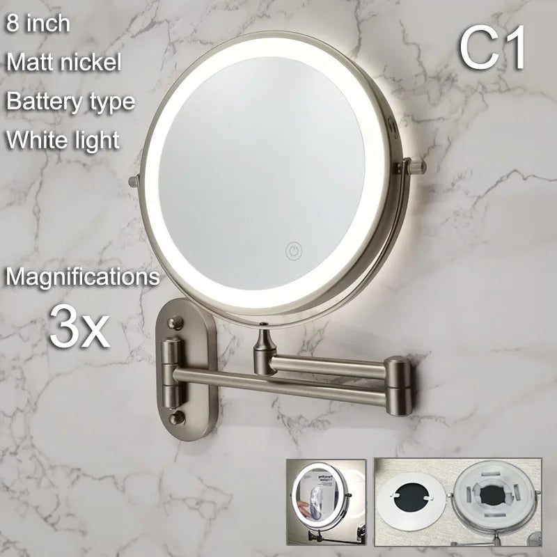 Golden Wall Folding Makeup Mirror Double Side Fill Light Magnifying USB Charging Led Tricolor Dimming Bathroom Cosmetic Mirrors