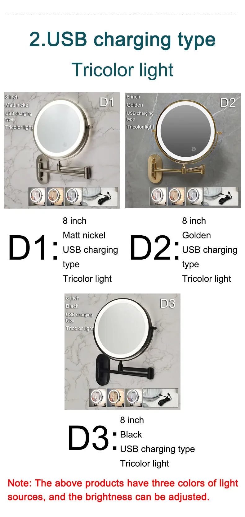 Golden Wall Folding Makeup Mirror Double Side Fill Light Magnifying USB Charging Led Tricolor Dimming Bathroom Cosmetic Mirrors