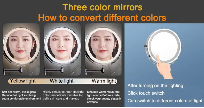 Golden Wall Folding Makeup Mirror Double Side Fill Light Magnifying USB Charging Led Tricolor Dimming Bathroom Cosmetic Mirrors