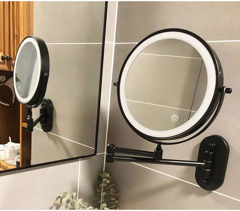 Golden Wall Folding Makeup Mirror Double Side Fill Light Magnifying USB Charging Led Tricolor Dimming Bathroom Cosmetic Mirrors