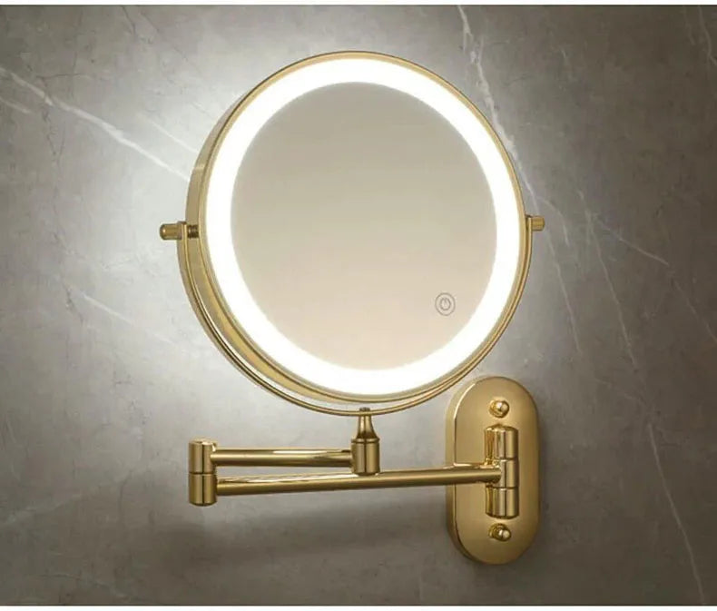 Golden Wall Folding Makeup Mirror Double Side Fill Light Magnifying USB Charging Led Tricolor Dimming Bathroom Cosmetic Mirrors