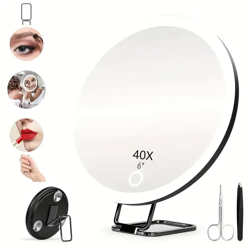 1x 40X Magnifying Mirror with Light, Adjustable Color Lighting, Includes 3 Suction Cups, Stand & Clips, Perfect for Makeup Vanit