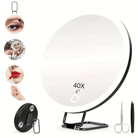 1x 40X Magnifying Mirror with Light, Adjustable Color Lighting, Includes 3 Suction Cups, Stand & Clips, Perfect for Makeup Vanit