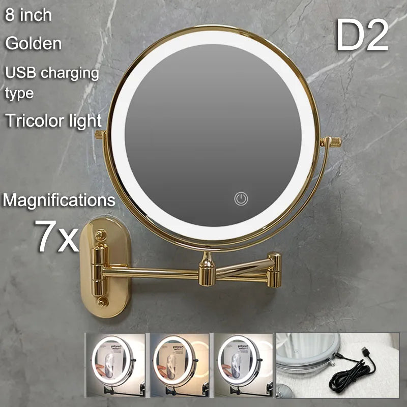 Golden Wall Folding Makeup Mirror Double Side Fill Light Magnifying USB Charging Led Tricolor Dimming Bathroom Cosmetic Mirrors