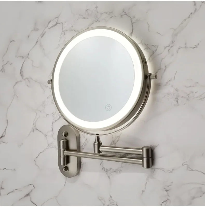 Golden Wall Folding Makeup Mirror Double Side Fill Light Magnifying USB Charging Led Tricolor Dimming Bathroom Cosmetic Mirrors