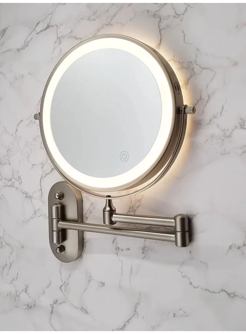 Golden Wall Folding Makeup Mirror Double Side Fill Light Magnifying USB Charging Led Tricolor Dimming Bathroom Cosmetic Mirrors