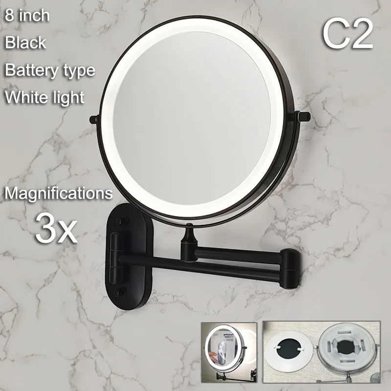 Golden Wall Folding Makeup Mirror Double Side Fill Light Magnifying USB Charging Led Tricolor Dimming Bathroom Cosmetic Mirrors