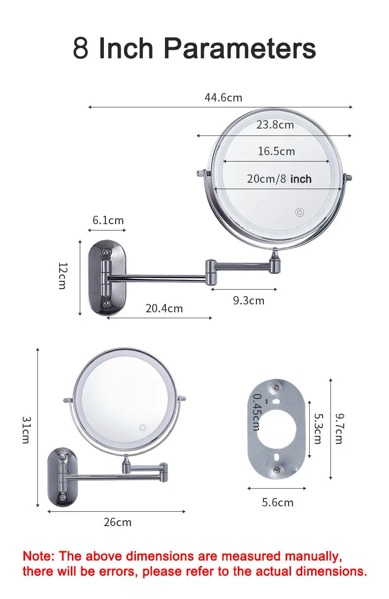 Golden Wall Folding Makeup Mirror Double Side Fill Light Magnifying USB Charging Led Tricolor Dimming Bathroom Cosmetic Mirrors