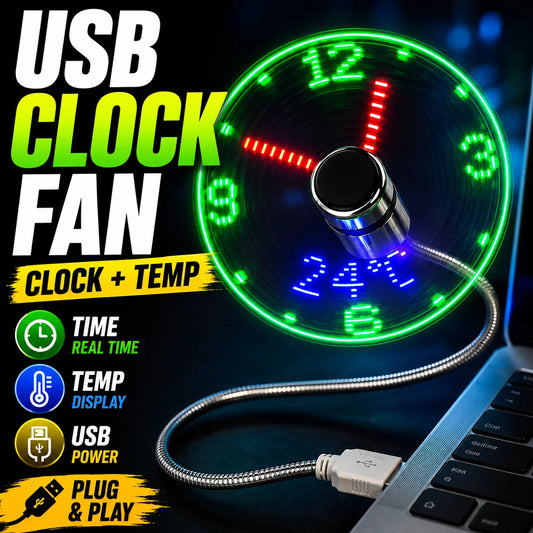 Ventilador USB con Reloj LED y Display de Temperatura - Para Auto y Trabajo