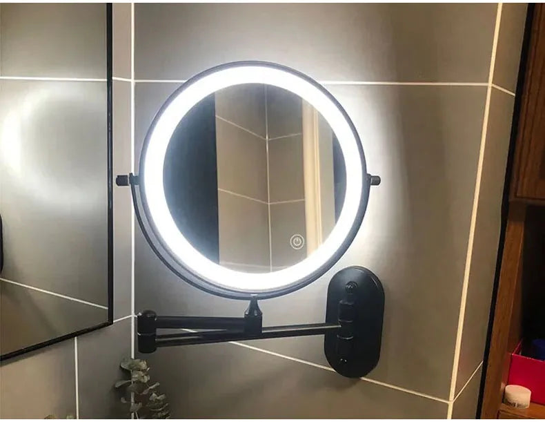 Golden Wall Folding Makeup Mirror Double Side Fill Light Magnifying USB Charging Led Tricolor Dimming Bathroom Cosmetic Mirrors