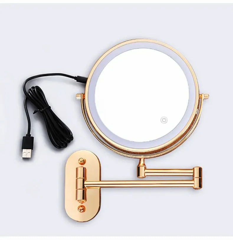 Golden Wall Folding Makeup Mirror Double Side Fill Light Magnifying USB Charging Led Tricolor Dimming Bathroom Cosmetic Mirrors