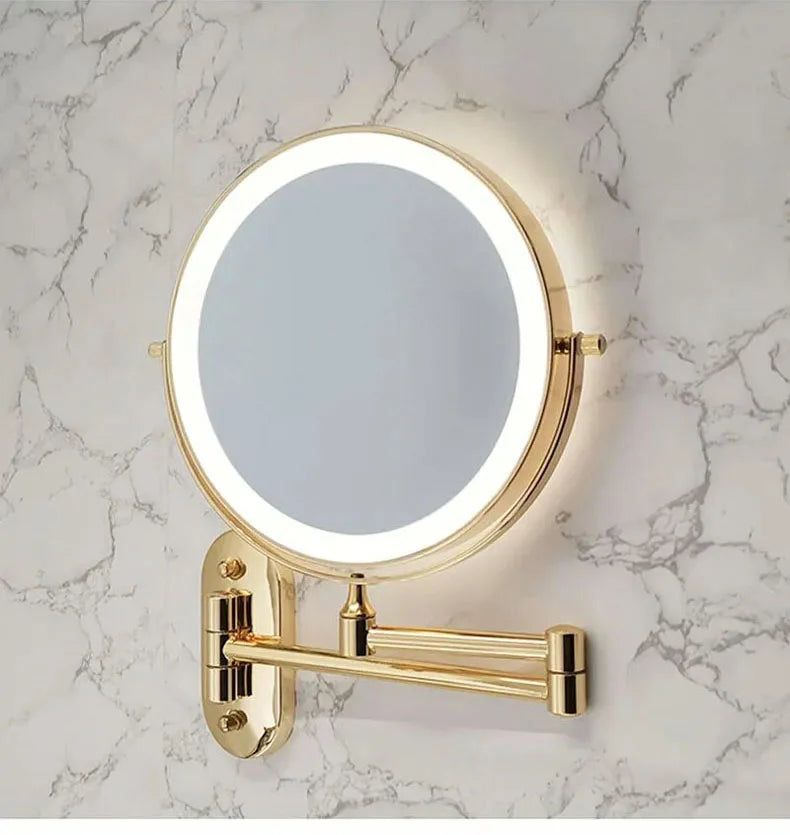 Golden Wall Folding Makeup Mirror Double Side Fill Light Magnifying USB Charging Led Tricolor Dimming Bathroom Cosmetic Mirrors