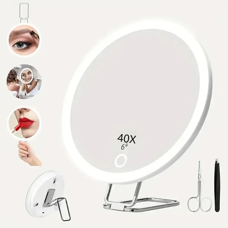 1x 40X Magnifying Mirror with Light, Adjustable Color Lighting, Includes 3 Suction Cups, Stand & Clips, Perfect for Makeup Vanit
