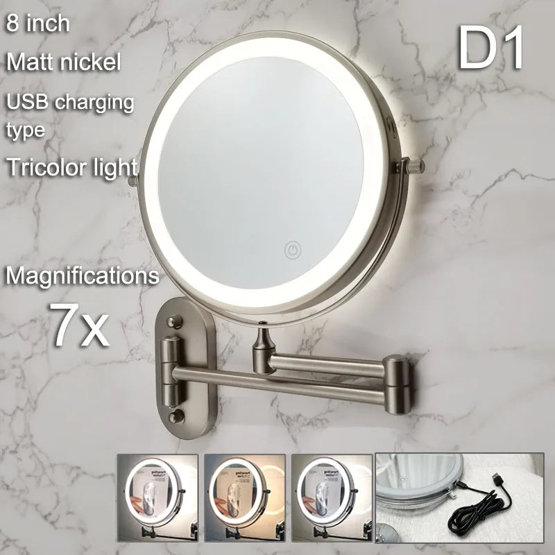 Golden Wall Folding Makeup Mirror Double Side Fill Light Magnifying USB Charging Led Tricolor Dimming Bathroom Cosmetic Mirrors