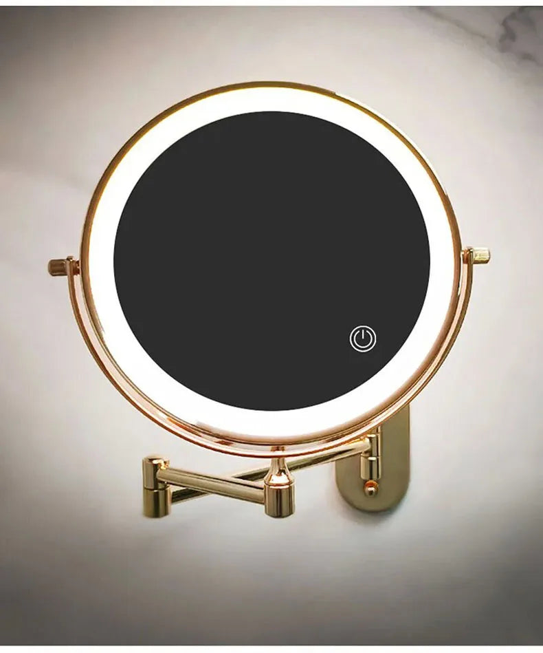 Golden Wall Folding Makeup Mirror Double Side Fill Light Magnifying USB Charging Led Tricolor Dimming Bathroom Cosmetic Mirrors
