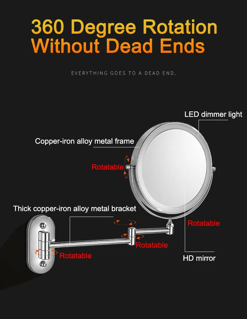 Golden Wall Folding Makeup Mirror Double Side Fill Light Magnifying USB Charging Led Tricolor Dimming Bathroom Cosmetic Mirrors