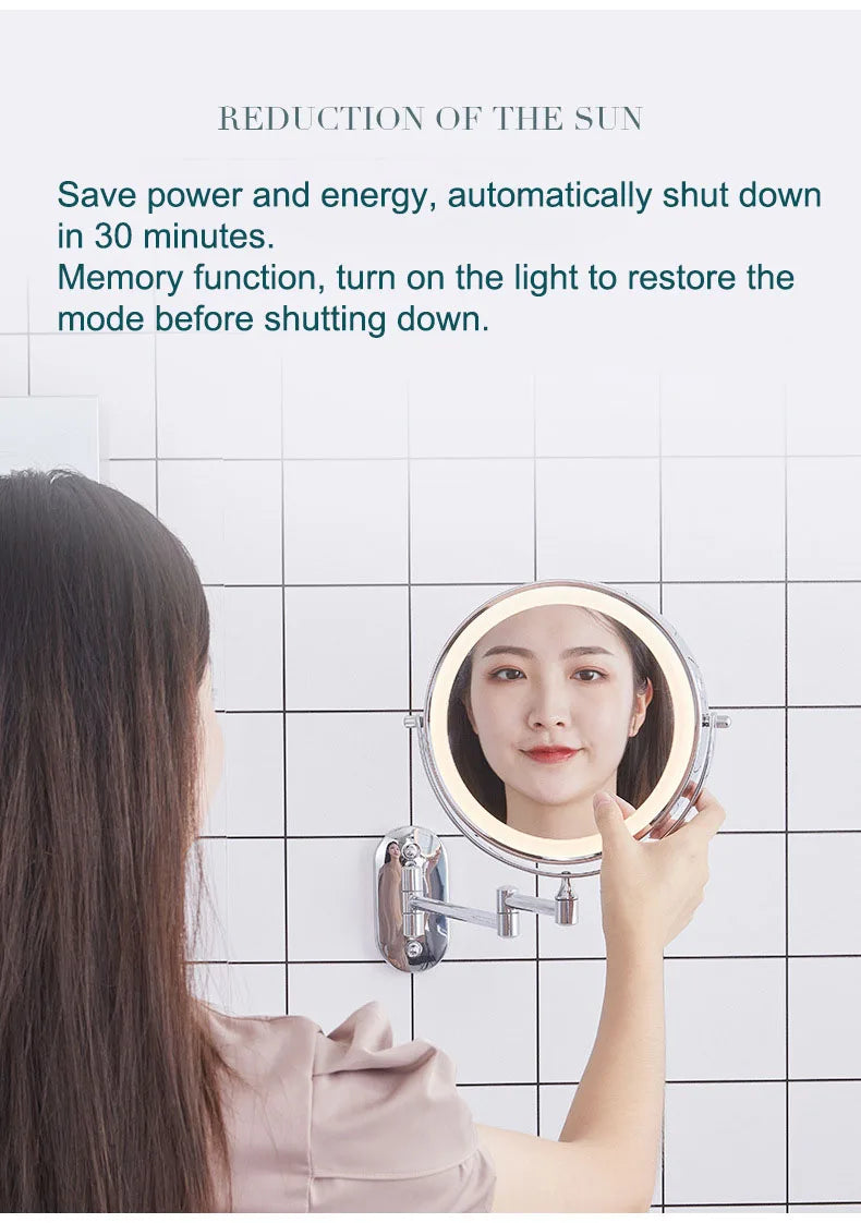 Golden Wall Folding Makeup Mirror Double Side Fill Light Magnifying USB Charging Led Tricolor Dimming Bathroom Cosmetic Mirrors