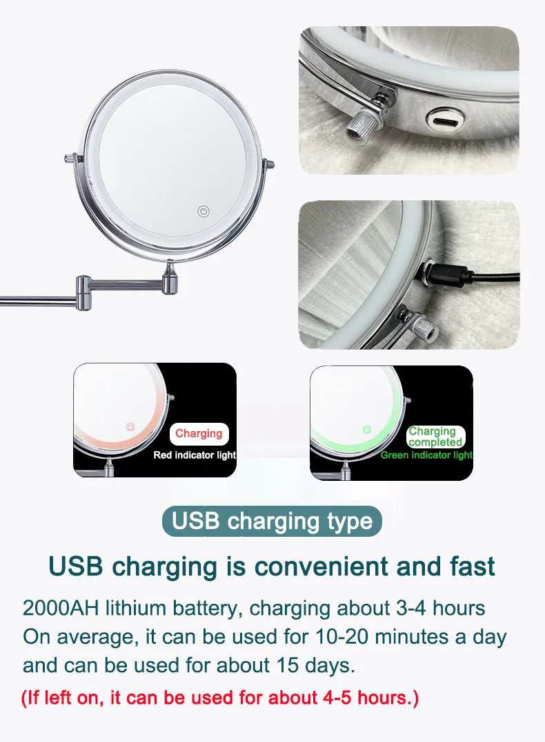 Golden Wall Folding Makeup Mirror Double Side Fill Light Magnifying USB Charging Led Tricolor Dimming Bathroom Cosmetic Mirrors