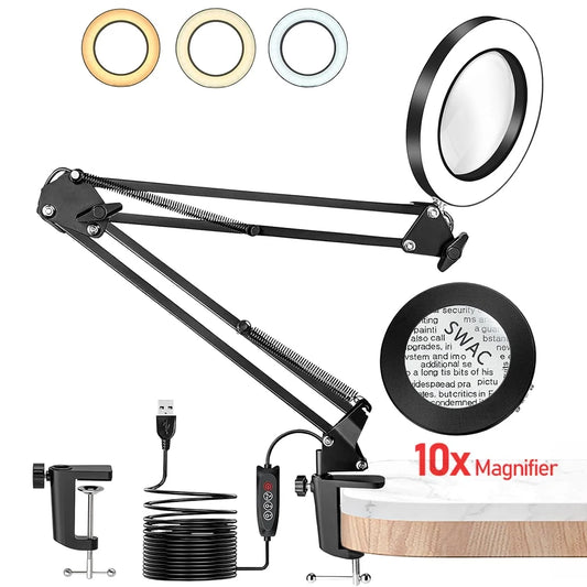 10X Magnifying Glass with Light and Stand, with 72 LED Light and 3 Color Modes Lamp Illuminated Magnifying, for Close Work