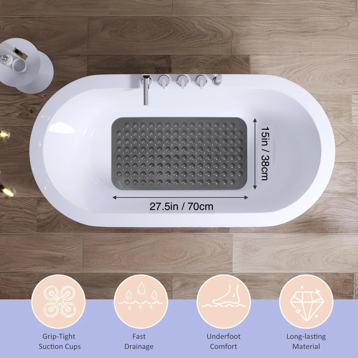 Non Slip Shower Mats for Inside Shower 38x70cm, PVC Bathroom Bathtub Mat Non-Slip Bath Mat for Tub with Suction Cups Drain Holes
