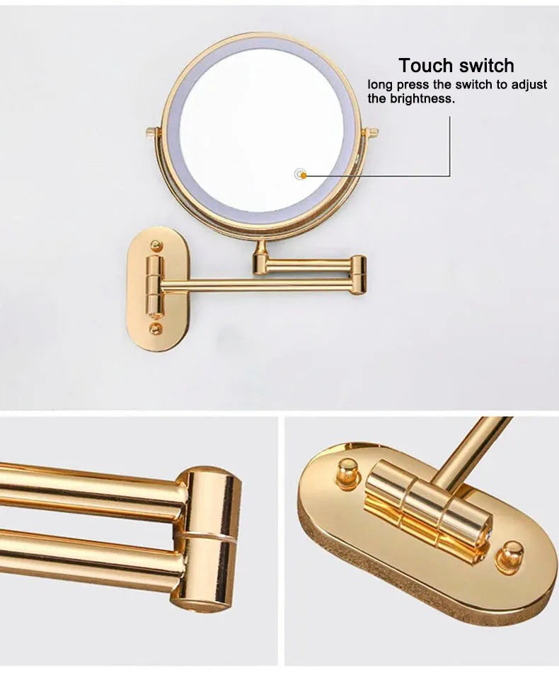 Golden Wall Folding Makeup Mirror Double Side Fill Light Magnifying USB Charging Led Tricolor Dimming Bathroom Cosmetic Mirrors