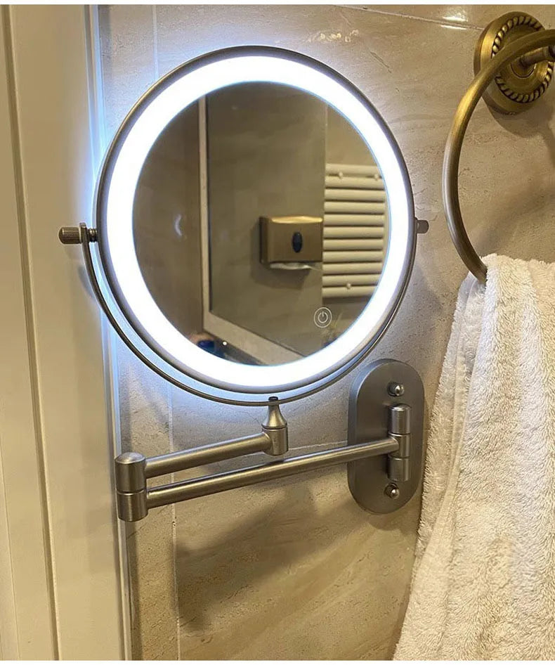 Golden Wall Folding Makeup Mirror Double Side Fill Light Magnifying USB Charging Led Tricolor Dimming Bathroom Cosmetic Mirrors
