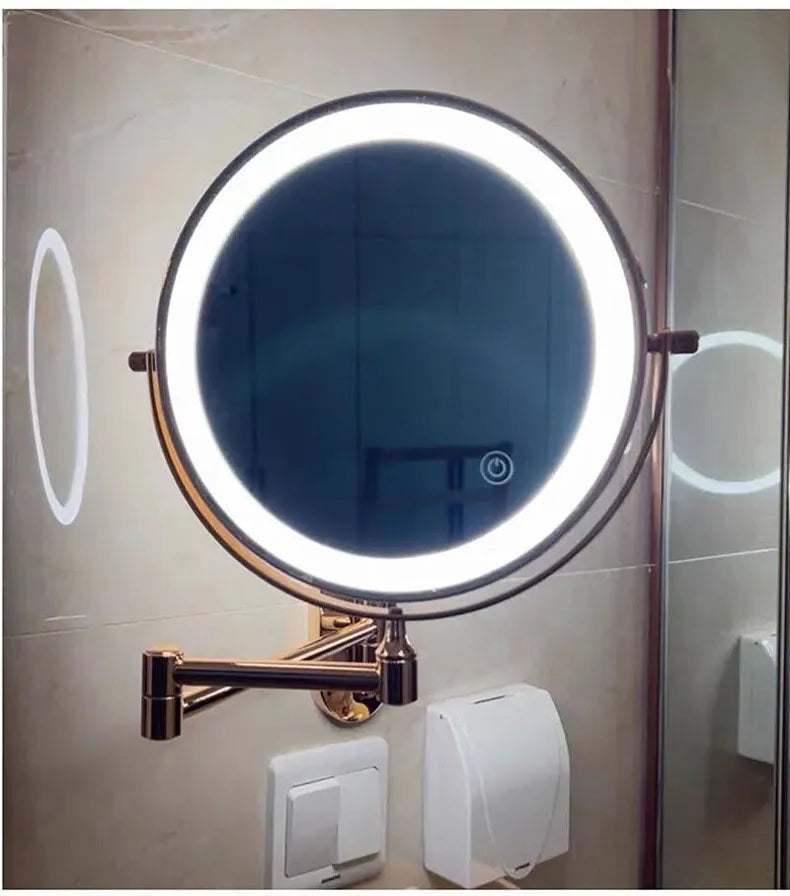Golden Wall Folding Makeup Mirror Double Side Fill Light Magnifying USB Charging Led Tricolor Dimming Bathroom Cosmetic Mirrors