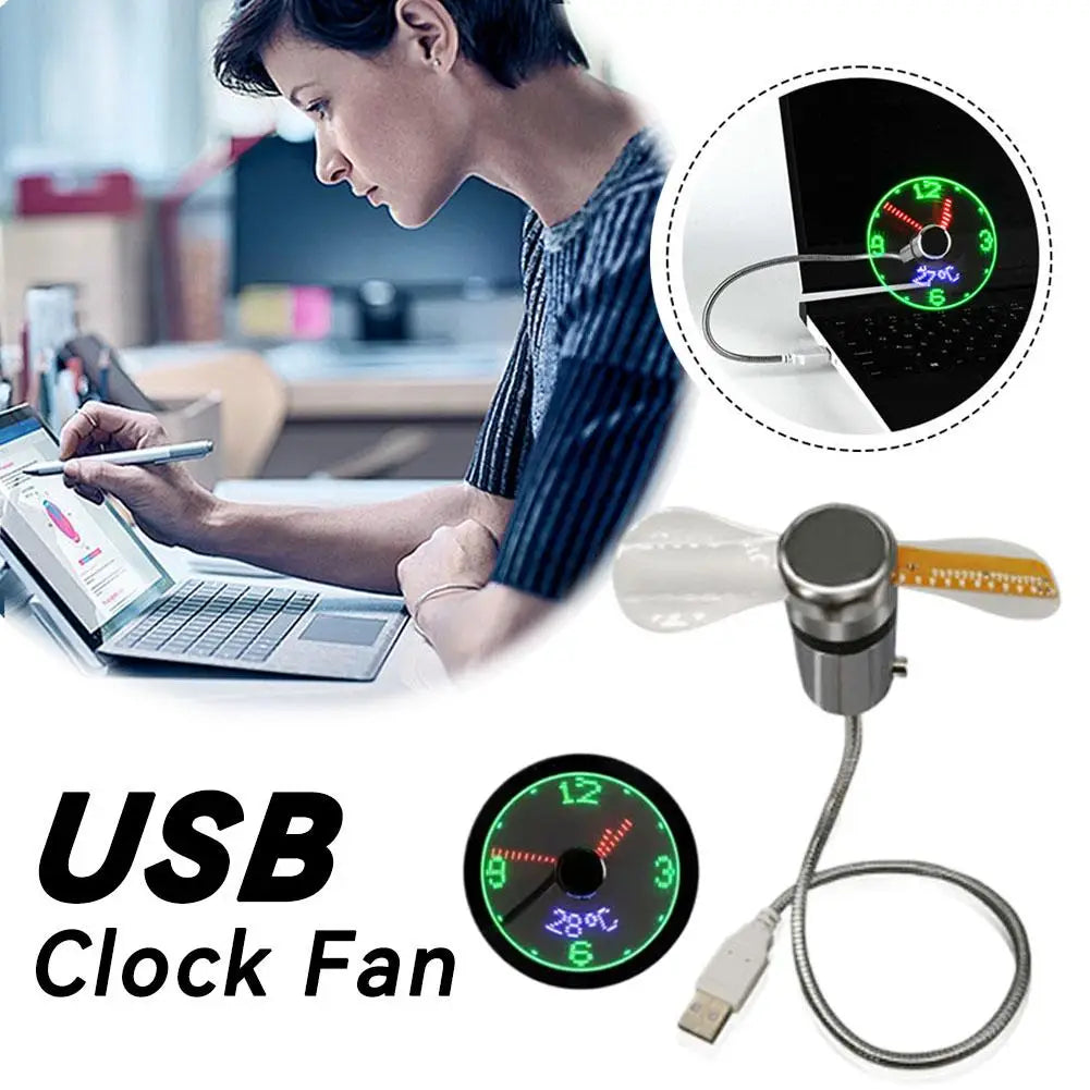 Ventilador USB con Reloj LED y Display de Temperatura - Para Auto y Trabajo