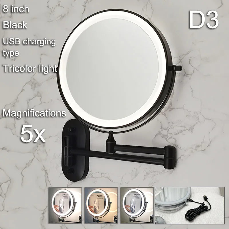 Golden Wall Folding Makeup Mirror Double Side Fill Light Magnifying USB Charging Led Tricolor Dimming Bathroom Cosmetic Mirrors