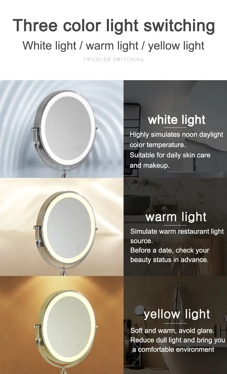 Golden Wall Folding Makeup Mirror Double Side Fill Light Magnifying USB Charging Led Tricolor Dimming Bathroom Cosmetic Mirrors