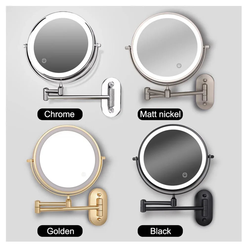Golden Wall Folding Makeup Mirror Double Side Fill Light Magnifying USB Charging Led Tricolor Dimming Bathroom Cosmetic Mirrors