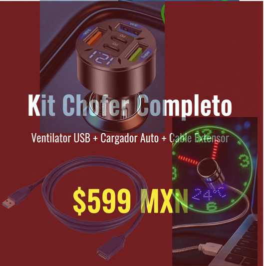 Kit Chofer Completo - Ventilador USB + Cargador Auto + Cable Extensor